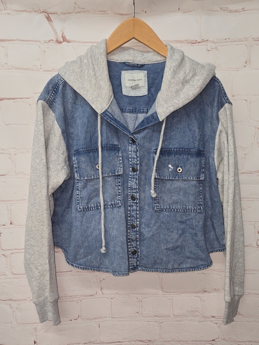 American Eagle Oversized Blue Denim Jacket with Light Gray Hoodie Sleeves Size M